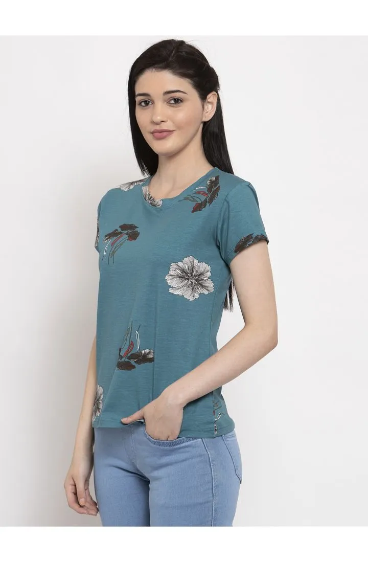 Round Neck T-Shirt Organic Cotton Floral Print - Ocean