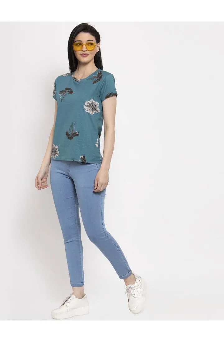 Round Neck T-Shirt Organic Cotton Floral Print - Ocean