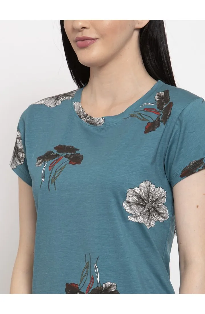 Round Neck T-Shirt Organic Cotton Floral Print - Ocean