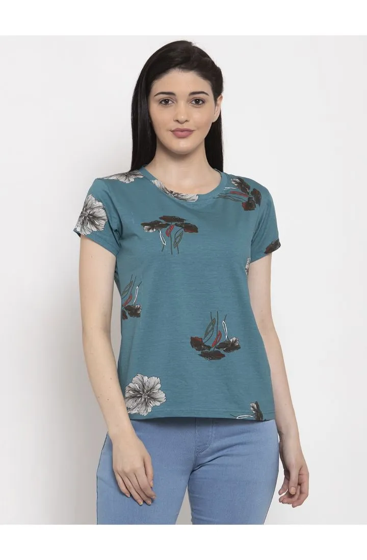 Round Neck T-Shirt Organic Cotton Floral Print - Ocean