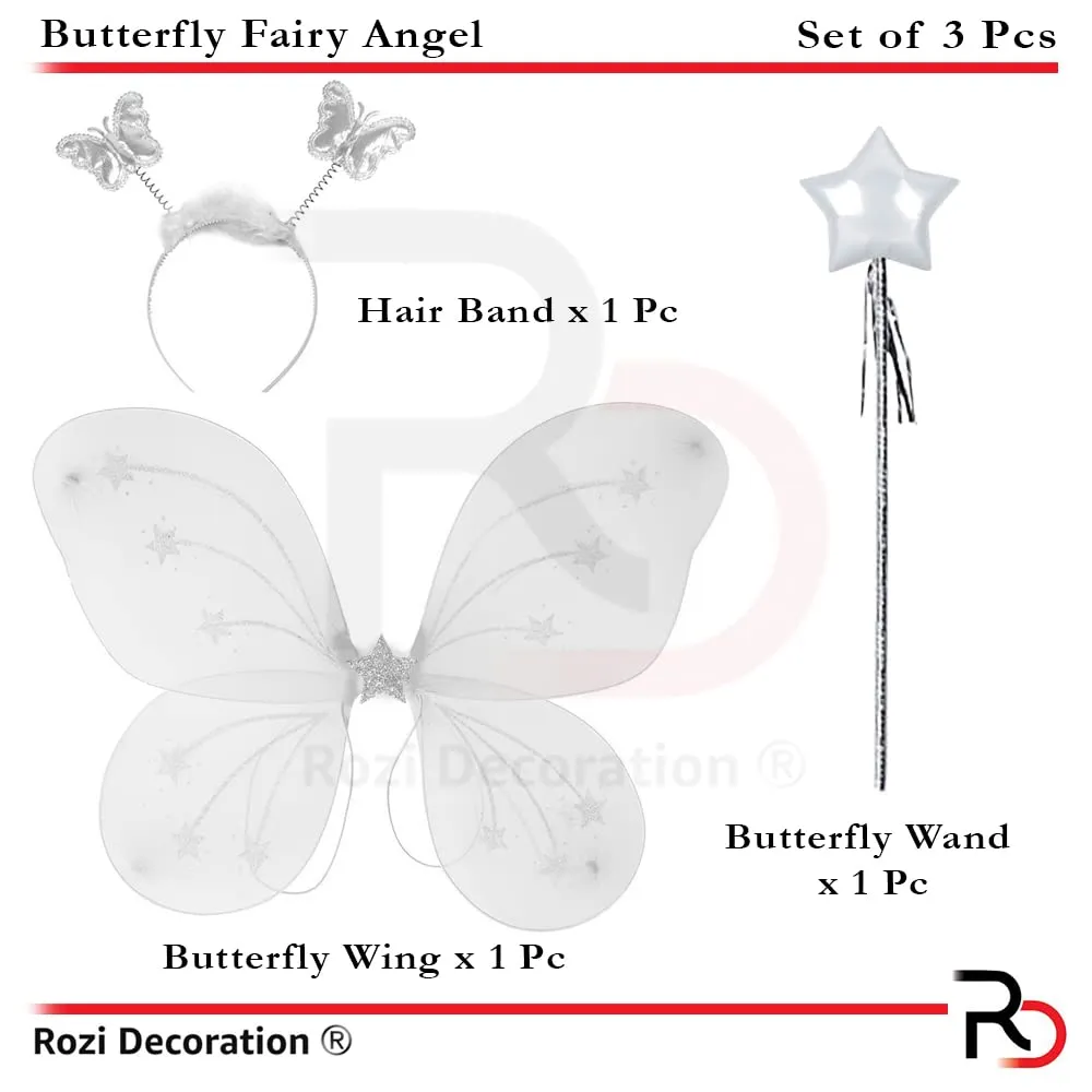 Rozi Decoration Butterfly fairy Angel Costume | Set of 3 Items - Butterfly Wing, Butterfly Wand & Hair Band | White(Plastic)