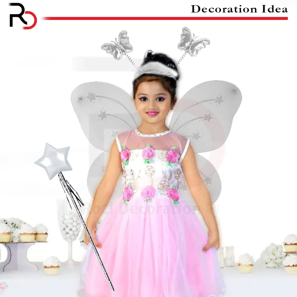 Rozi Decoration Butterfly fairy Angel Costume | Set of 3 Items - Butterfly Wing, Butterfly Wand & Hair Band | White(Plastic)