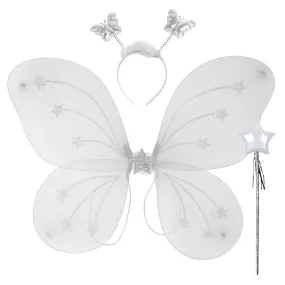 Rozi Decoration Butterfly fairy Angel Costume | Set of 3 Items - Butterfly Wing, Butterfly Wand & Hair Band | White(Plastic)