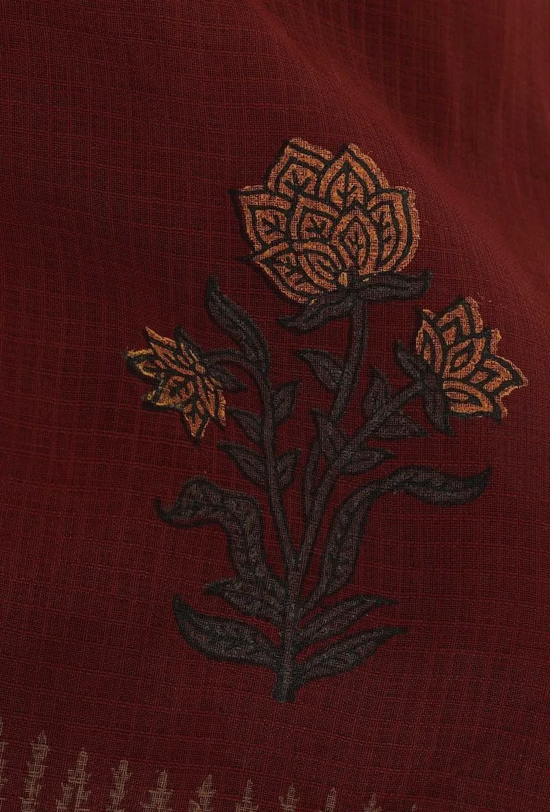 Set of 2: Gerua Plain Maroon Cotton Halter Neck Flared Dress with Kota Border and Floral Block Printed Kota Dupatta