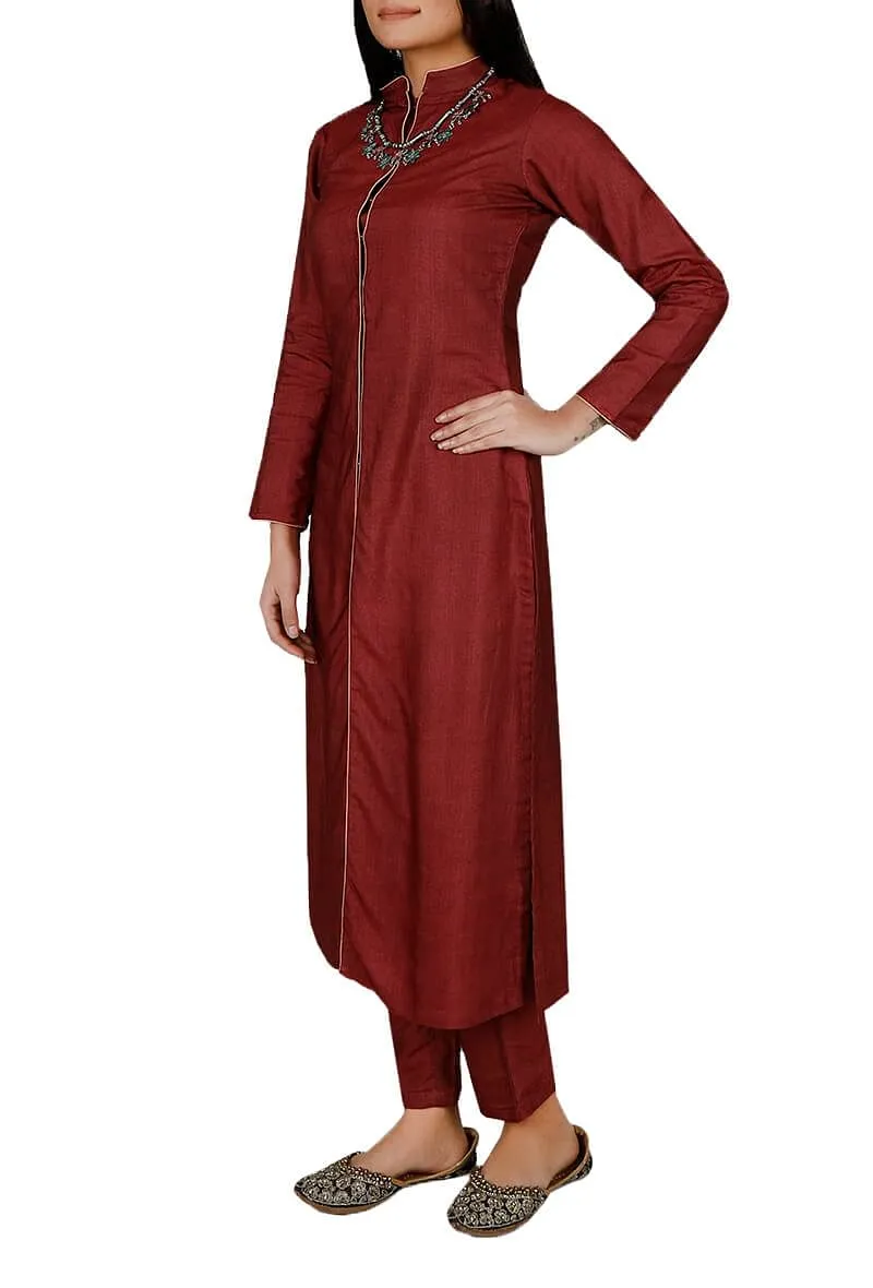 Set of 2- Red Tussar Staple Achkan And Pants