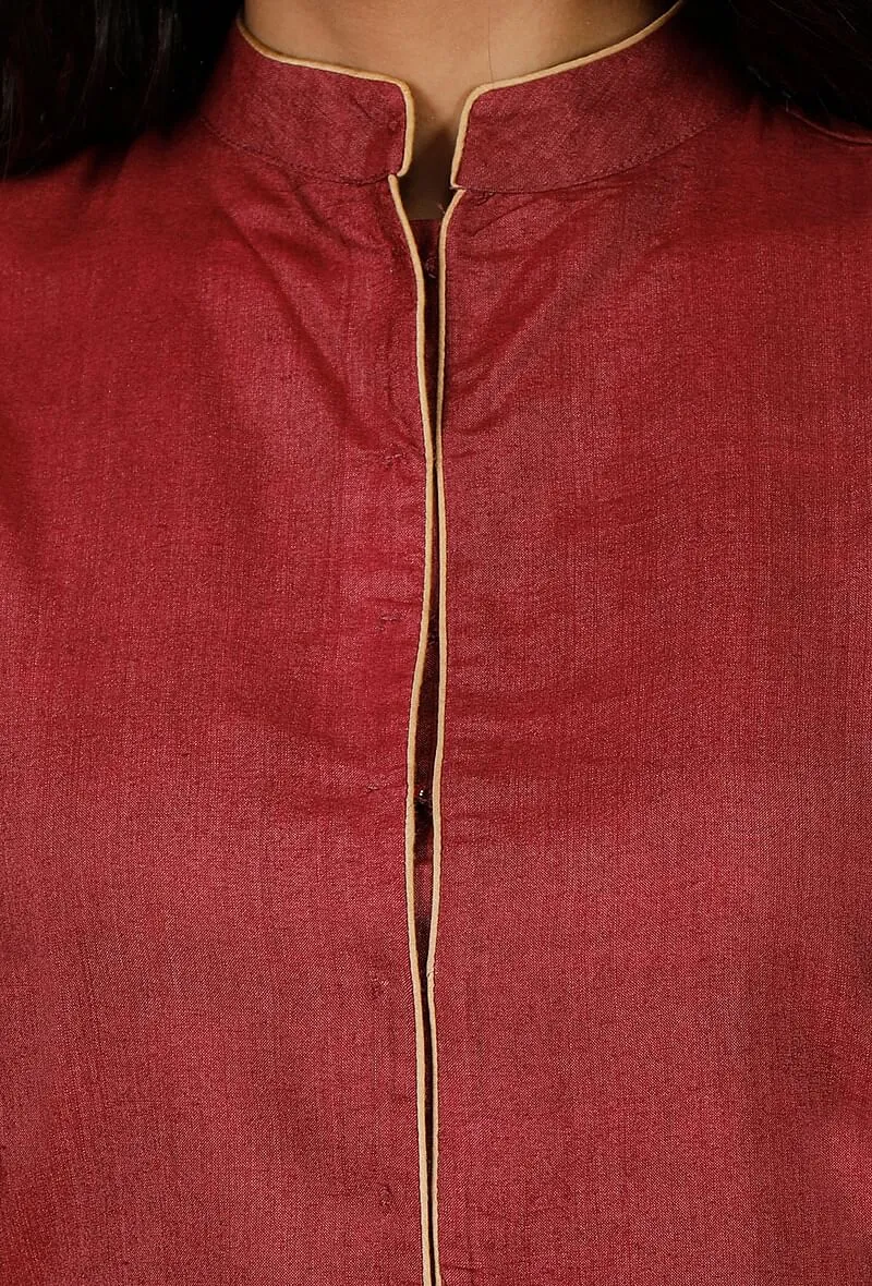 Set of 2- Red Tussar Staple Achkan And Pants