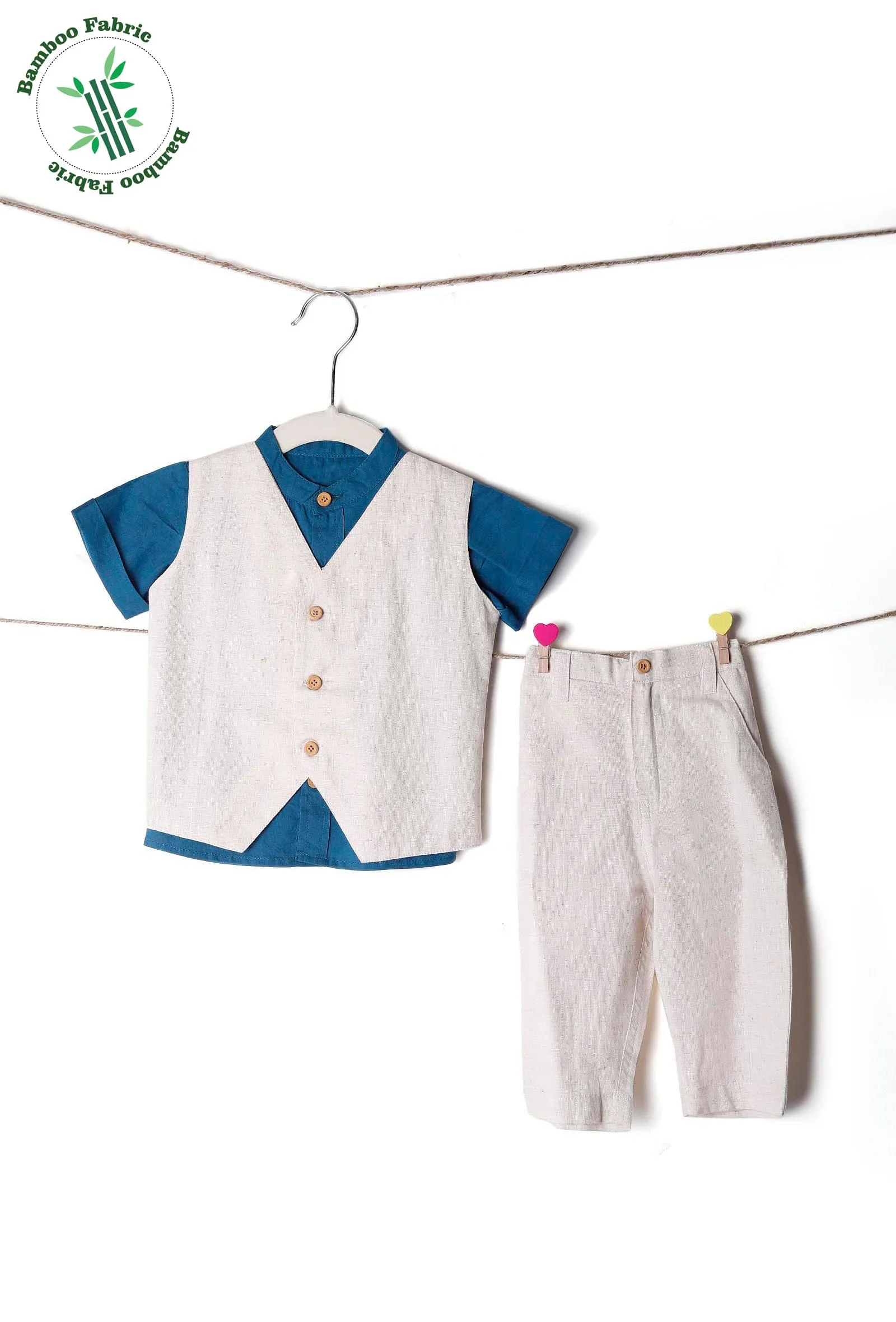 Set of 3: Off White Cotton Waistcoat and Pants with Blue Bamboo Shirt