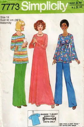 Simplicity 7773 Maternity Dress Top & Pants   Bonus Baby T Shirt 1970s Vintage Sewing Pattern Size 14 Bust 36 Inches UNCUT Factory Folded