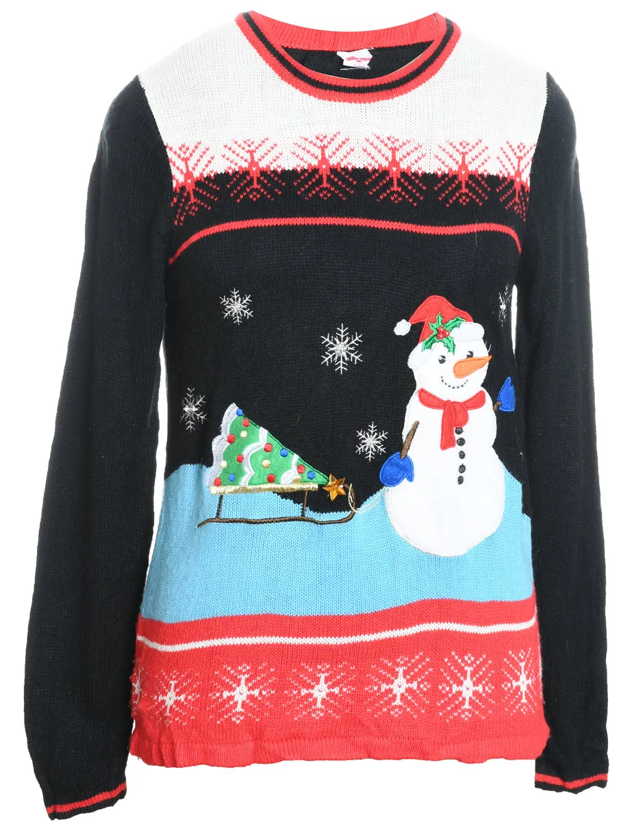 Snowman Design Black Knit Christmas Jumper - S