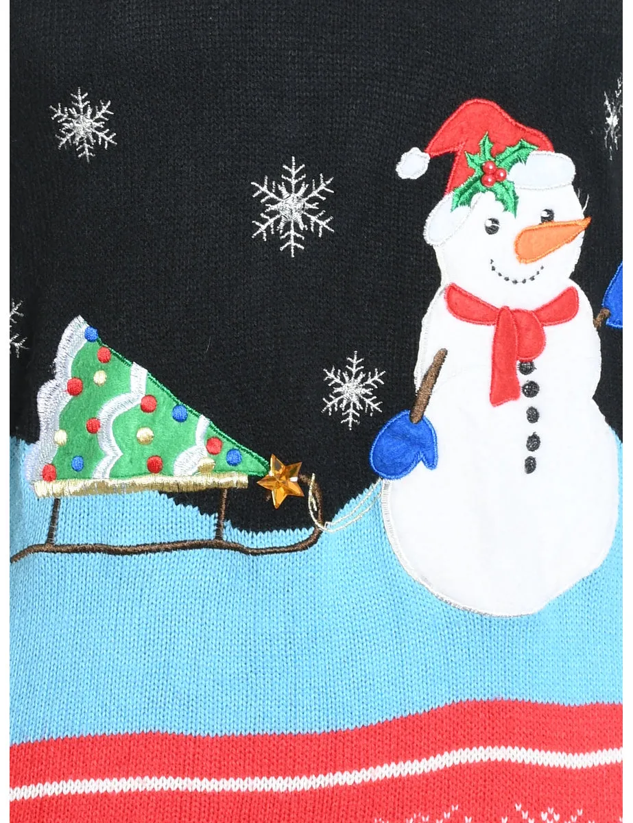 Snowman Design Black Knit Christmas Jumper - S