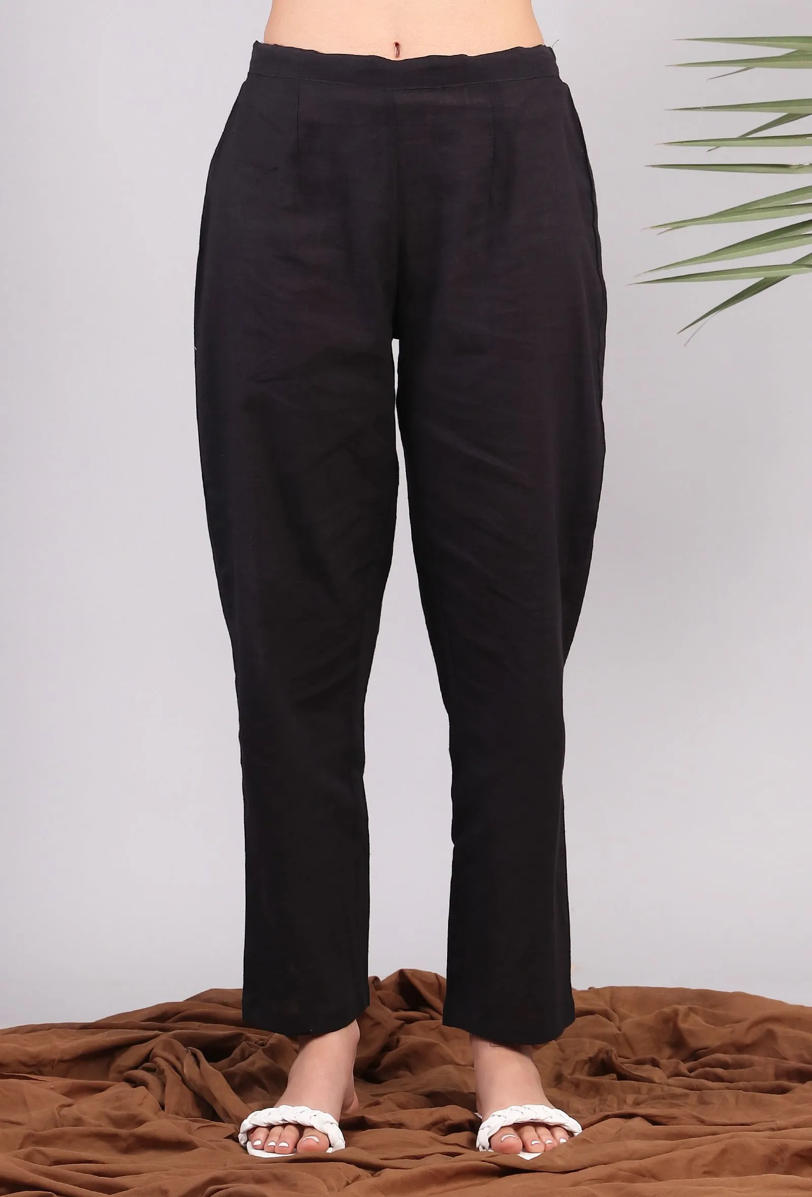 Solid Black Narrow Cotton Pants