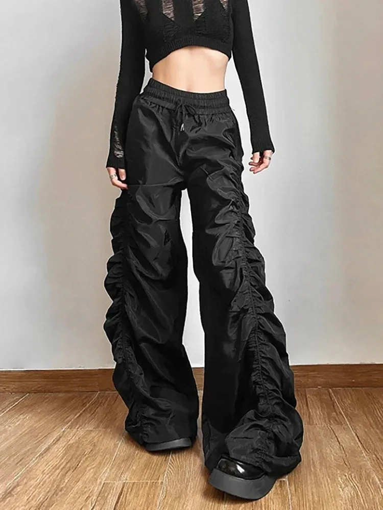 Solid Black Shirring Drawstring Elastic Waist Pant