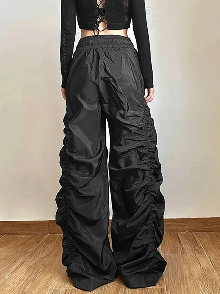 Solid Black Shirring Drawstring Elastic Waist Pant