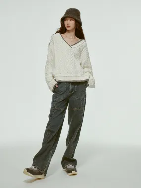 Stitch High-Waist Denim Straight Casual Loose Pants