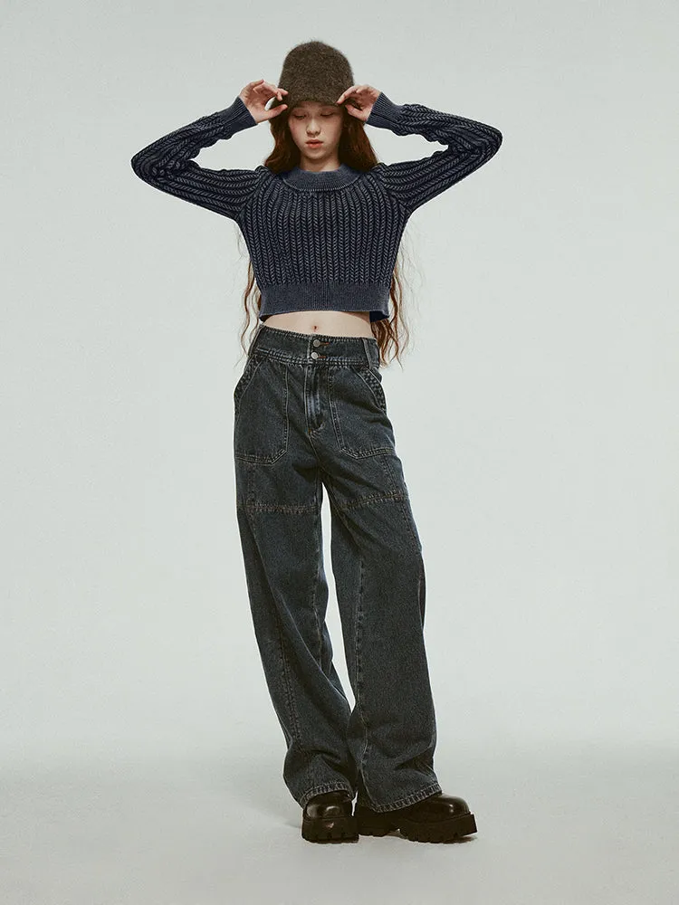 Stitch High-Waist Denim Straight Casual Loose Pants