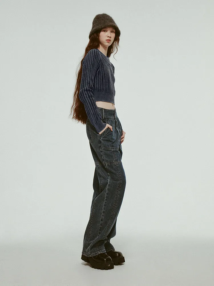 Stitch High-Waist Denim Straight Casual Loose Pants