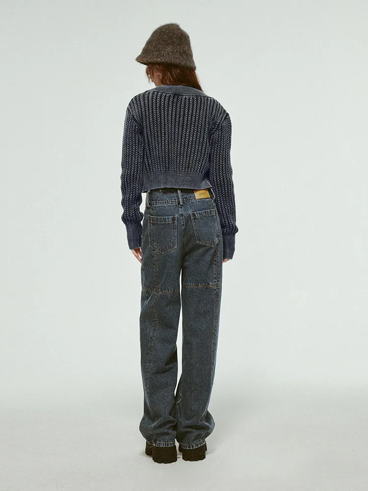 Stitch High-Waist Denim Straight Casual Loose Pants