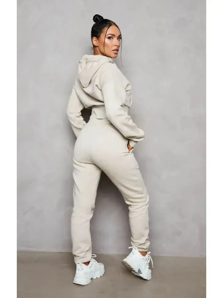 Stone Long Sleeve Cropped Fleece Hoodie and Cuffed Joggers Set