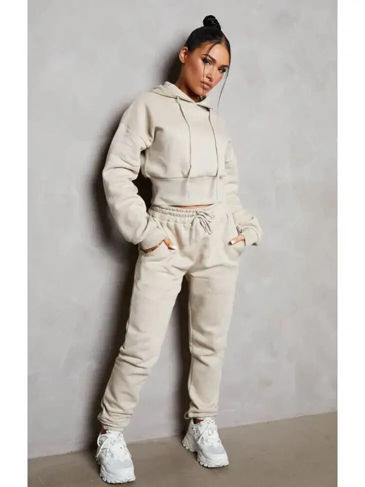 Stone Long Sleeve Cropped Fleece Hoodie and Cuffed Joggers Set