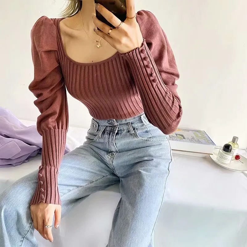 Stretch Knit Puff Sleeve Bodysuits - 4 colors