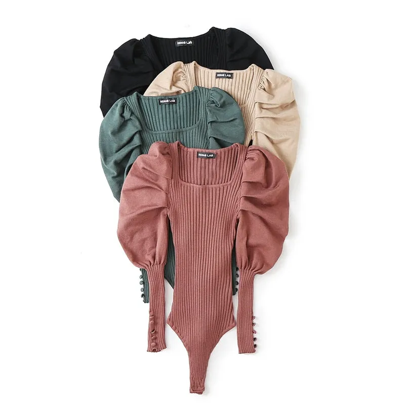 Stretch Knit Puff Sleeve Bodysuits - 4 colors