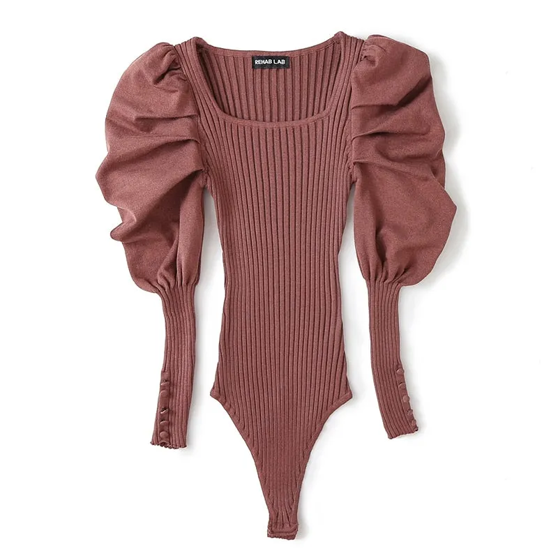 Stretch Knit Puff Sleeve Bodysuits - 4 colors