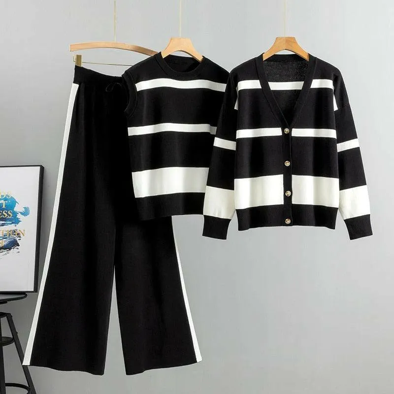 Striped 3-Piece Sweater Set Featuring Jacket & Pants