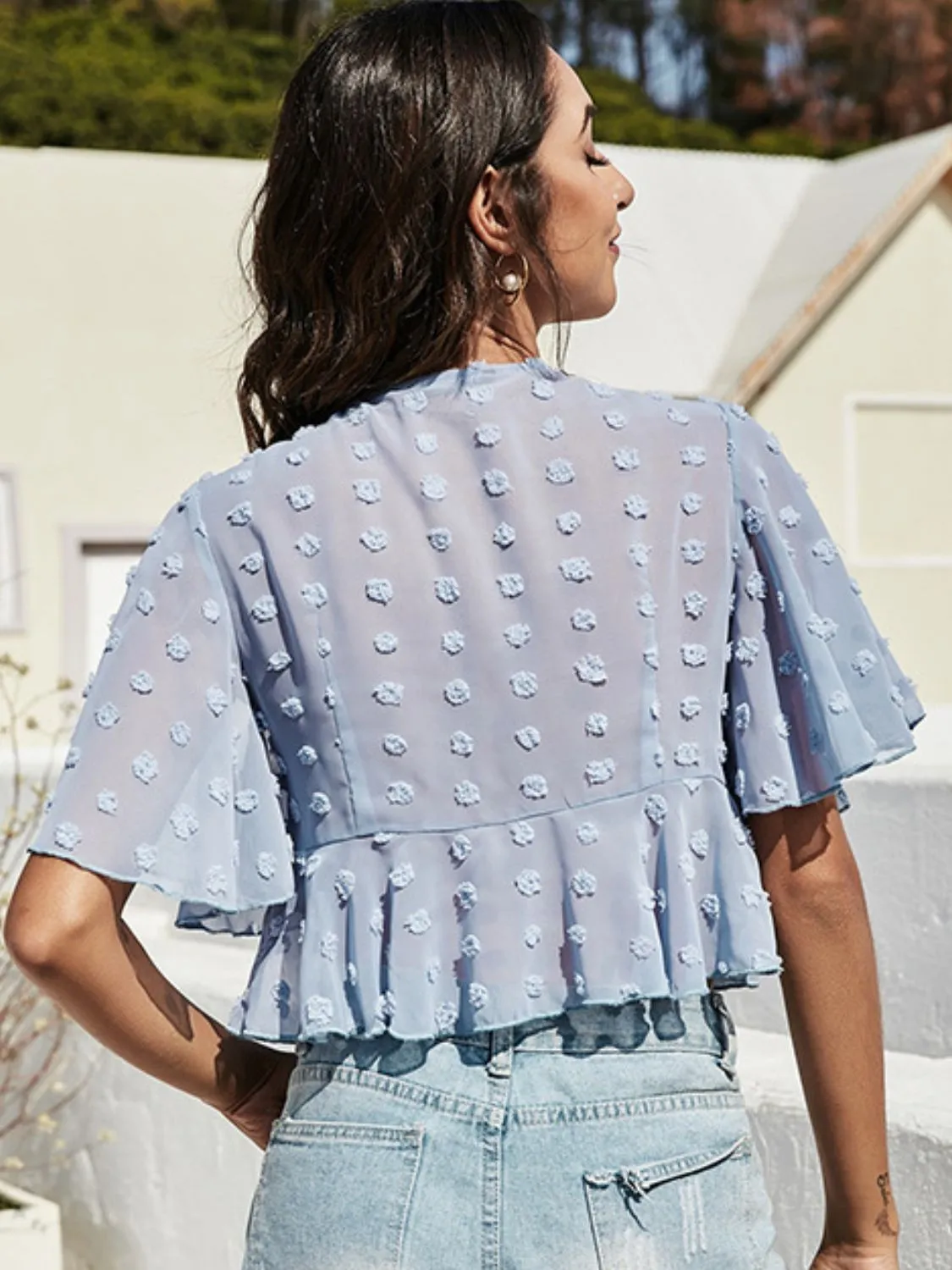 Swiss Dot Tied Flutter Sleeve Cropped Top