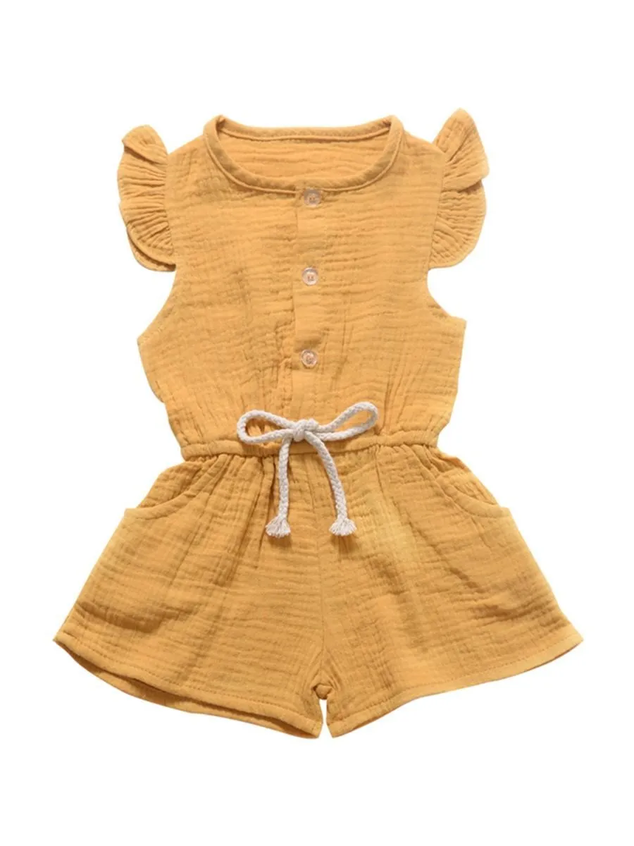 Tie Waist Flutter Sleeve Crinkle Gauze Shortalls Jumpsuit