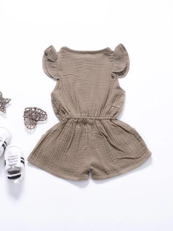 Tie Waist Flutter Sleeve Crinkle Gauze Shortalls Jumpsuit