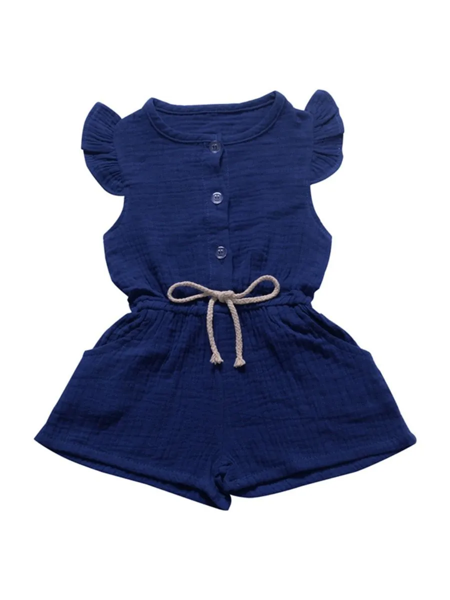 Tie Waist Flutter Sleeve Crinkle Gauze Shortalls Jumpsuit