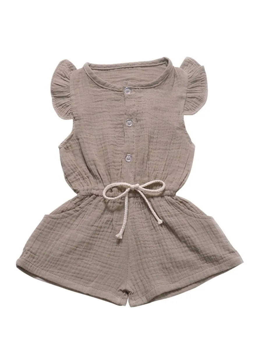 Tie Waist Flutter Sleeve Crinkle Gauze Shortalls Jumpsuit