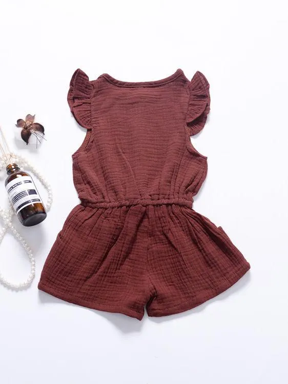 Tie Waist Flutter Sleeve Crinkle Gauze Shortalls Jumpsuit