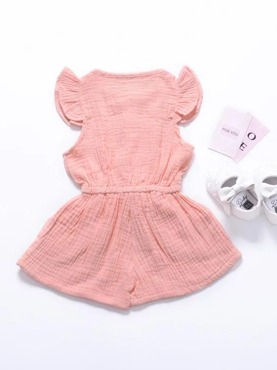 Tie Waist Flutter Sleeve Crinkle Gauze Shortalls Jumpsuit