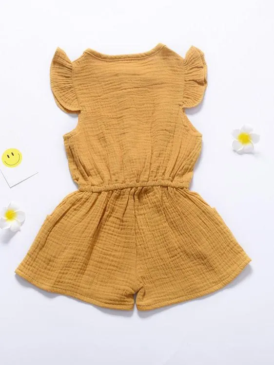 Tie Waist Flutter Sleeve Crinkle Gauze Shortalls Jumpsuit