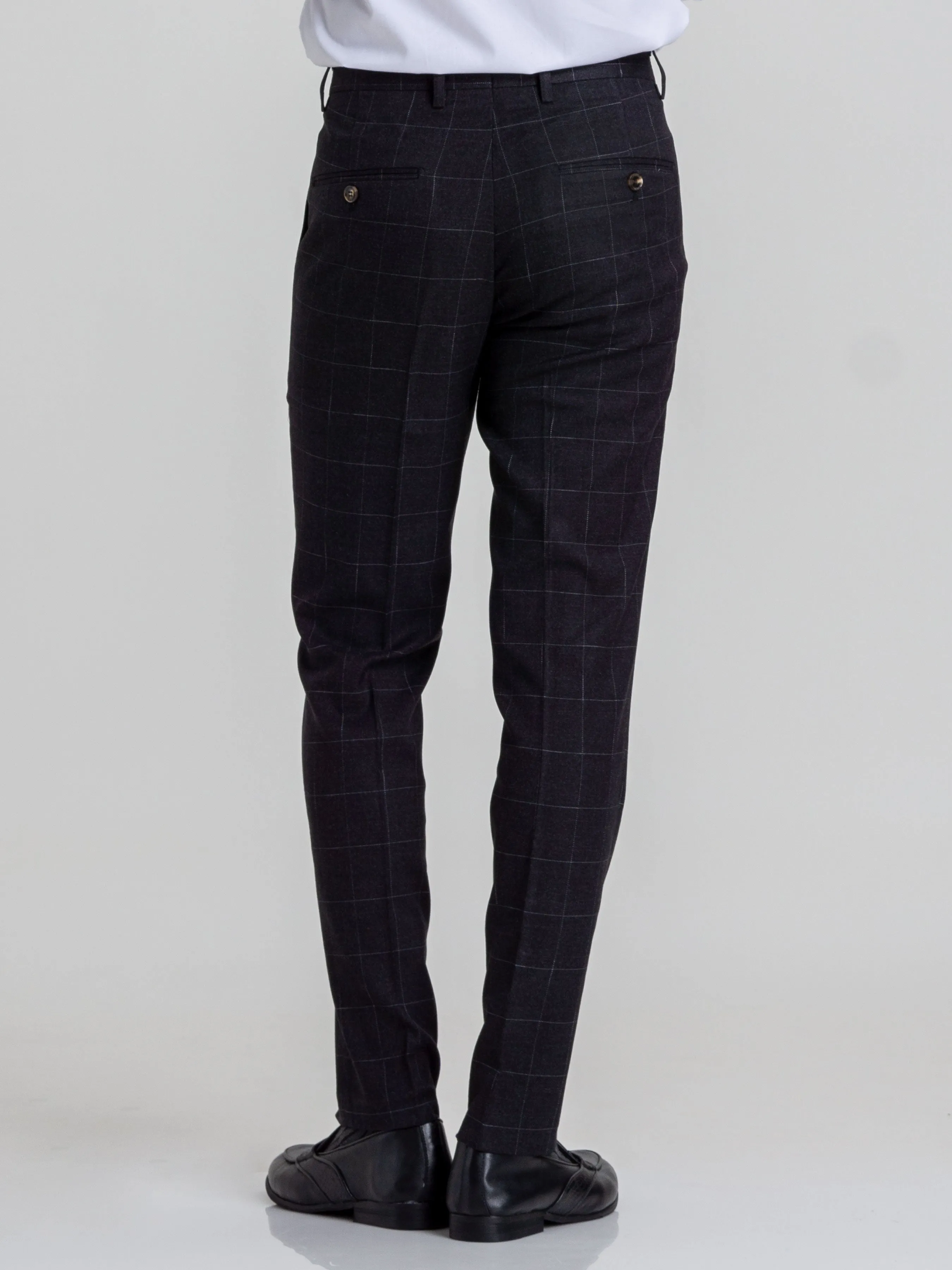 Trousers With Belt Loop -  Black Charcoal Windowpane Checkered (Stretchable)