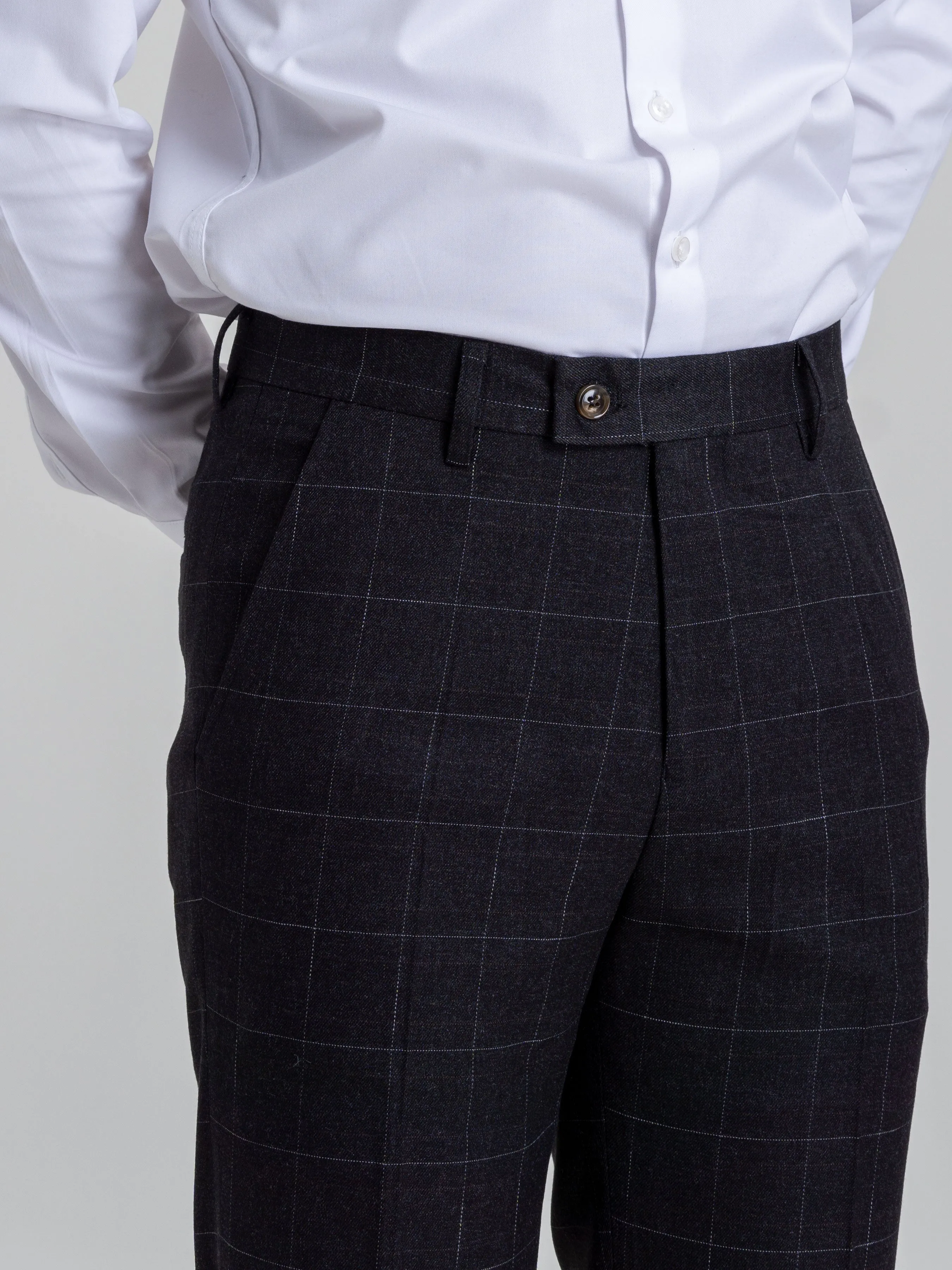 Trousers With Belt Loop -  Black Charcoal Windowpane Checkered (Stretchable)