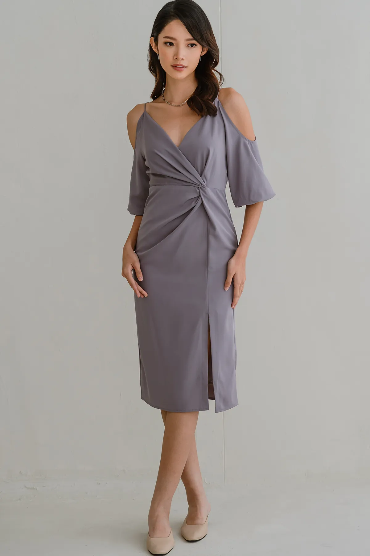 Tulip Cold Shoulder Midi Dress (Lavender)