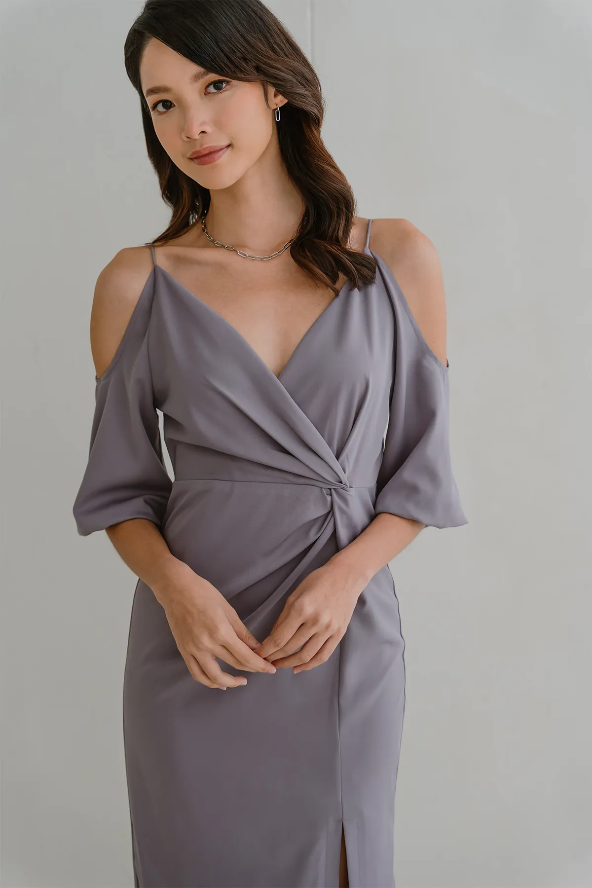 Tulip Cold Shoulder Midi Dress (Lavender)