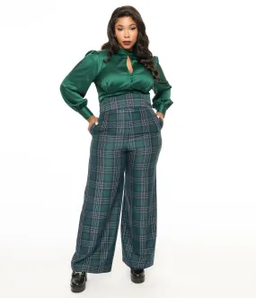 Unique Vintage Plus Size 1940s Green & Black Plaid High Waist Pants