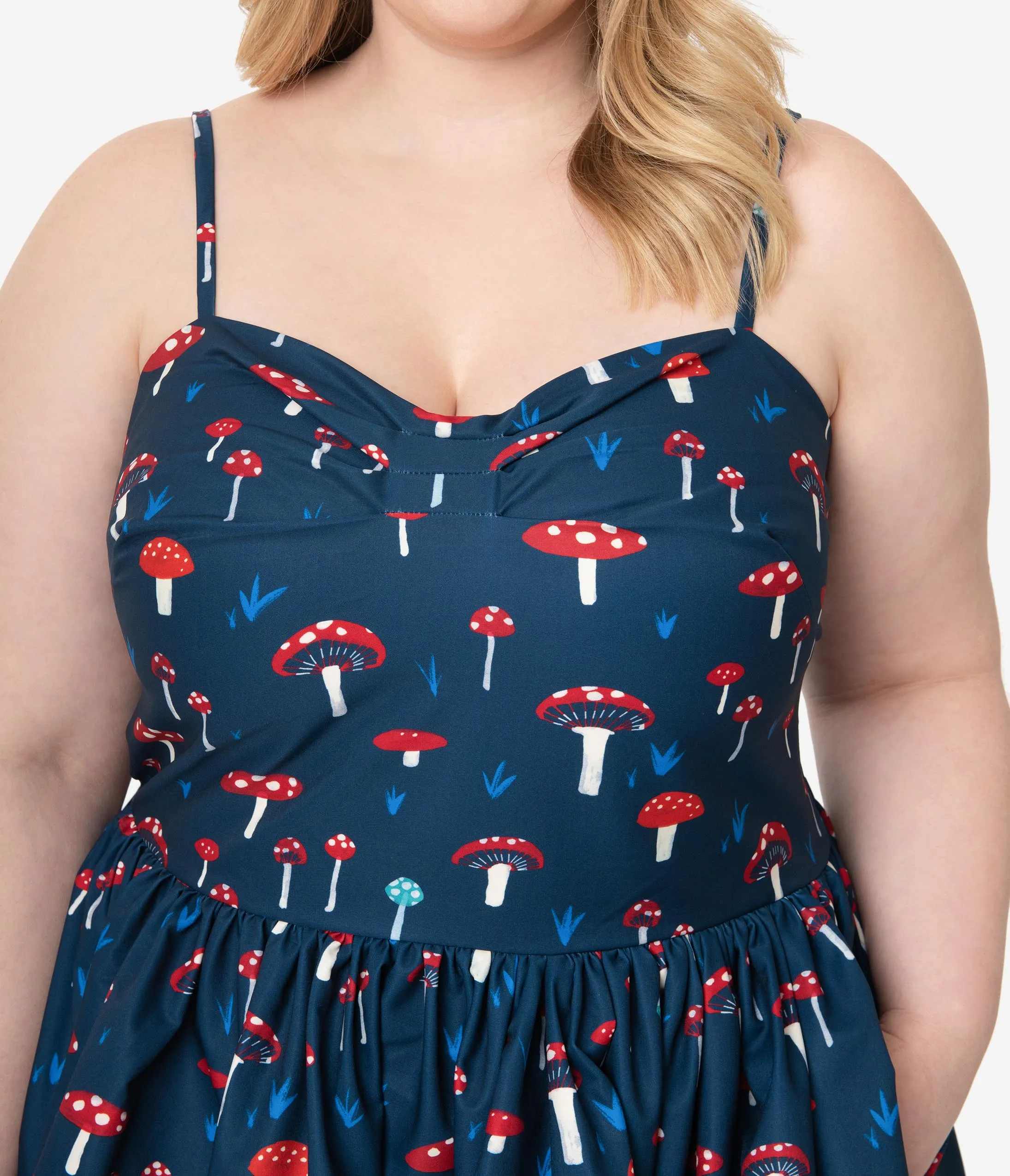 Unique Vintage Plus Size 1950s Navy Mushroom Print Darcy Swing Dress