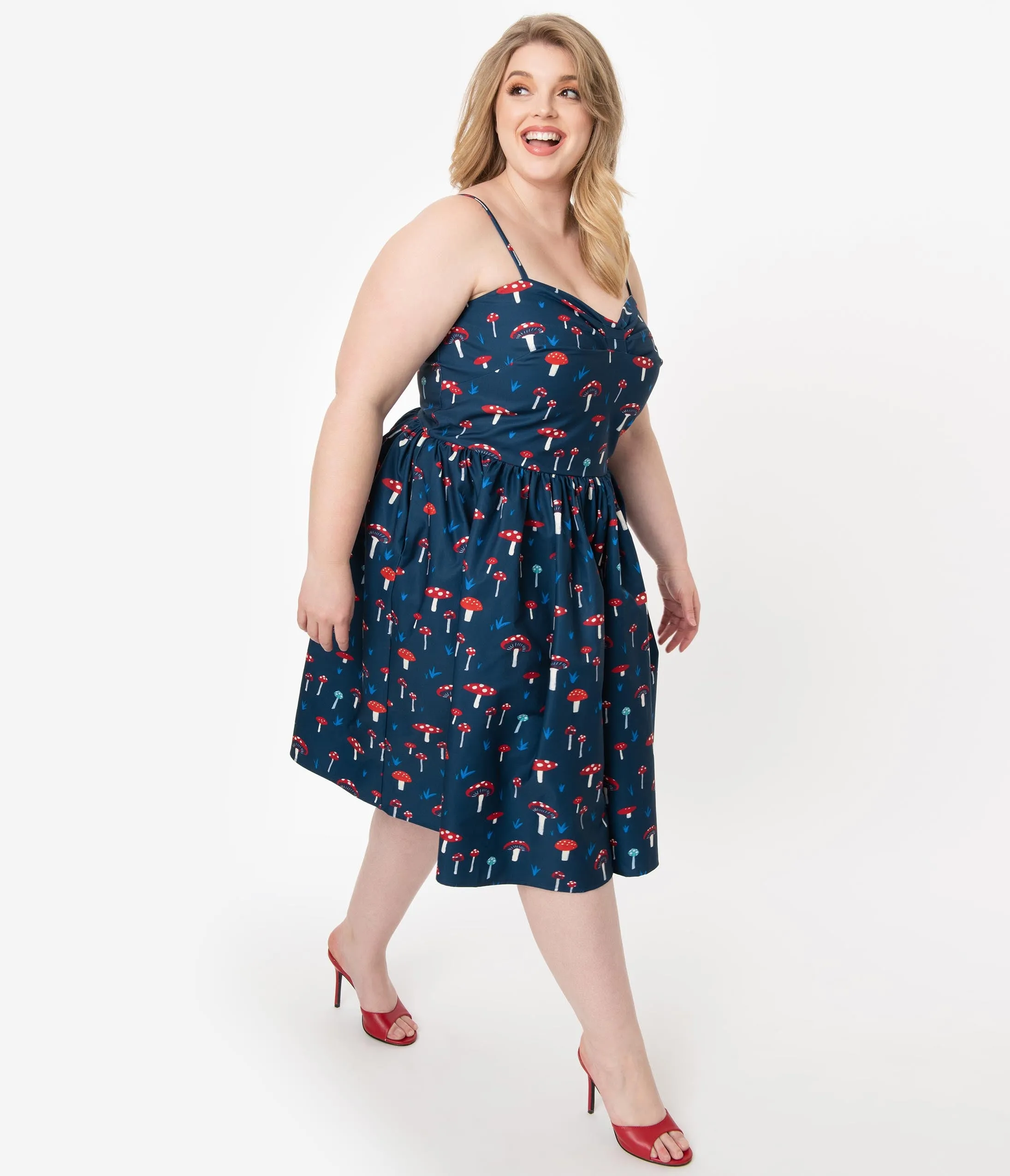 Unique Vintage Plus Size 1950s Navy Mushroom Print Darcy Swing Dress