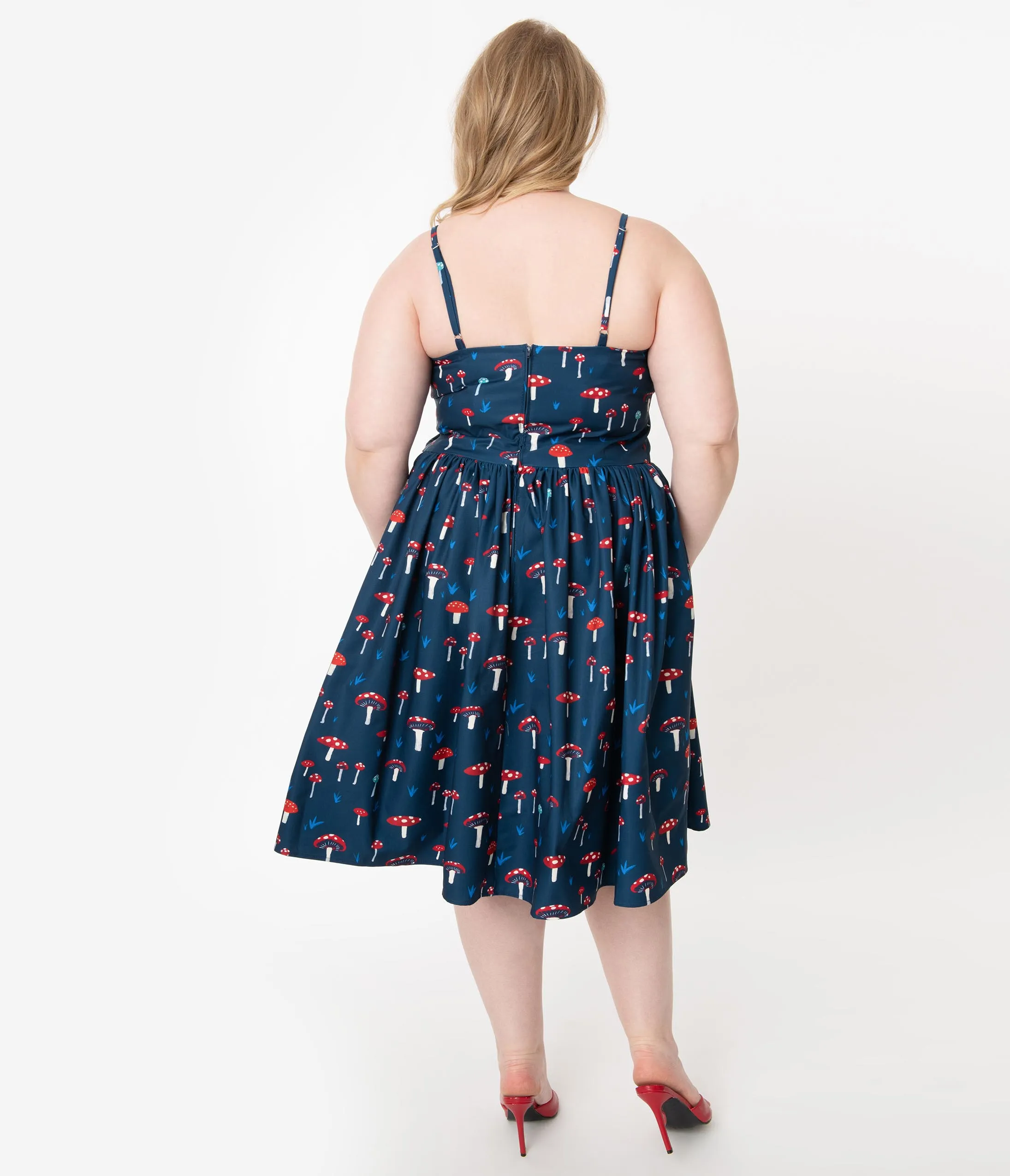 Unique Vintage Plus Size 1950s Navy Mushroom Print Darcy Swing Dress