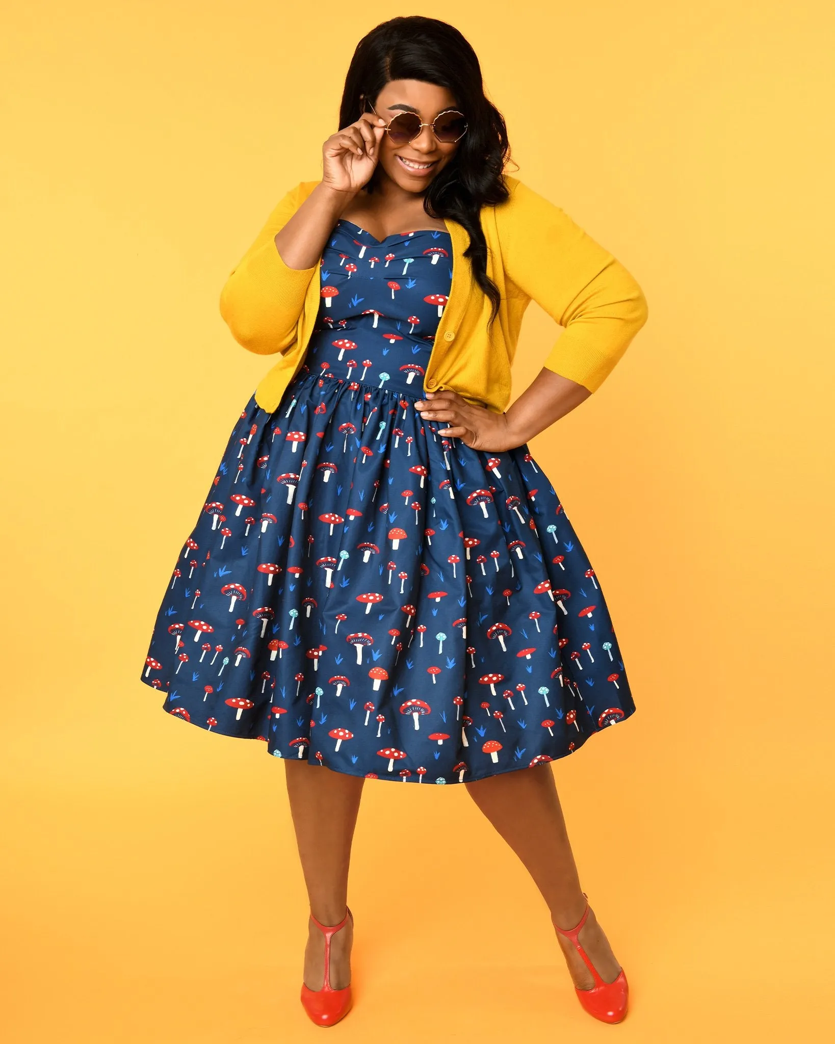 Unique Vintage Plus Size 1950s Navy Mushroom Print Darcy Swing Dress