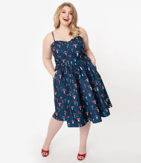 Unique Vintage Plus Size 1950s Navy Mushroom Print Darcy Swing Dress