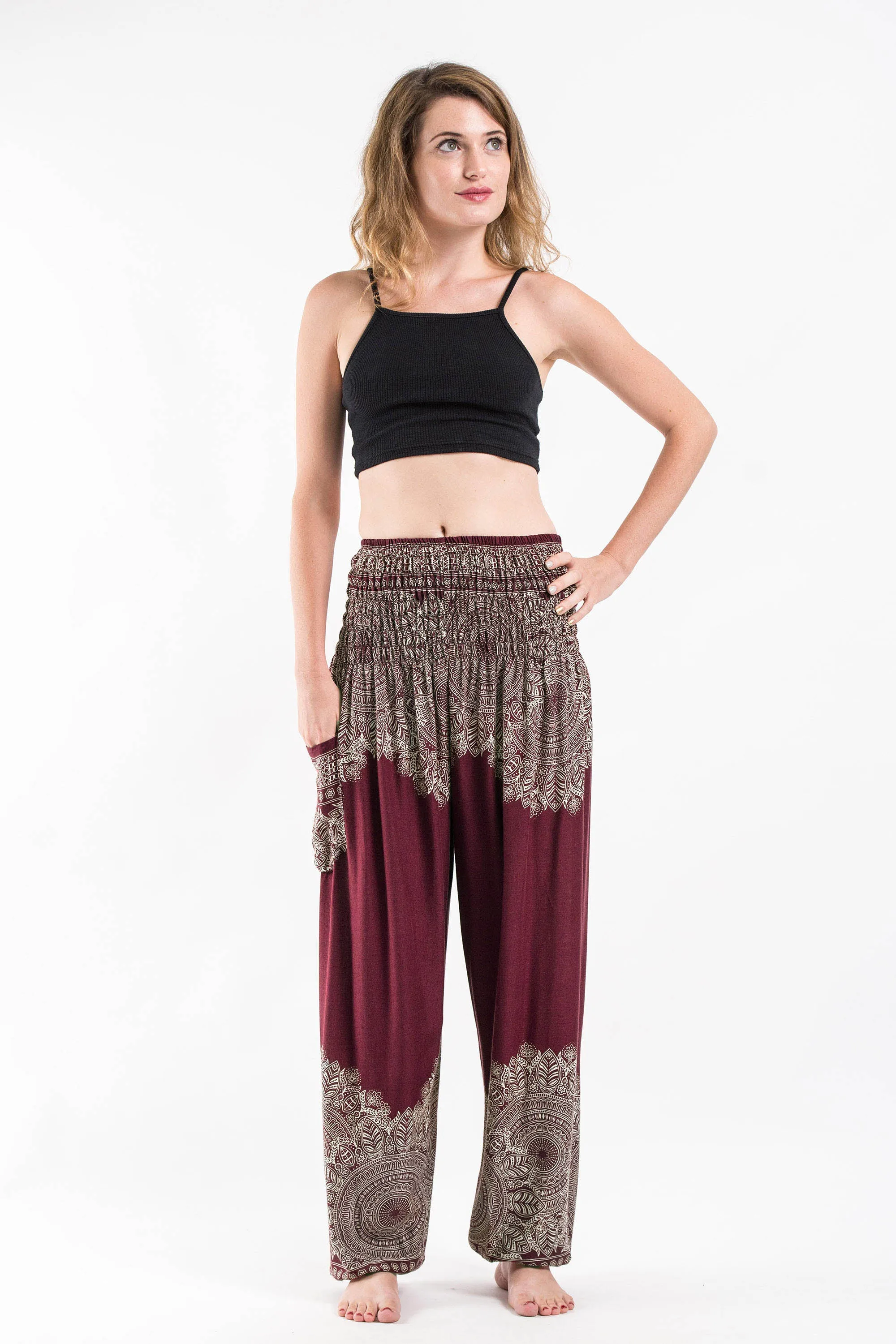 Unisex Floral Mandalas Harem Pants in Maroon