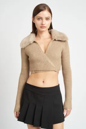 V NECK CARDIGAN WITH FUR COLLAR