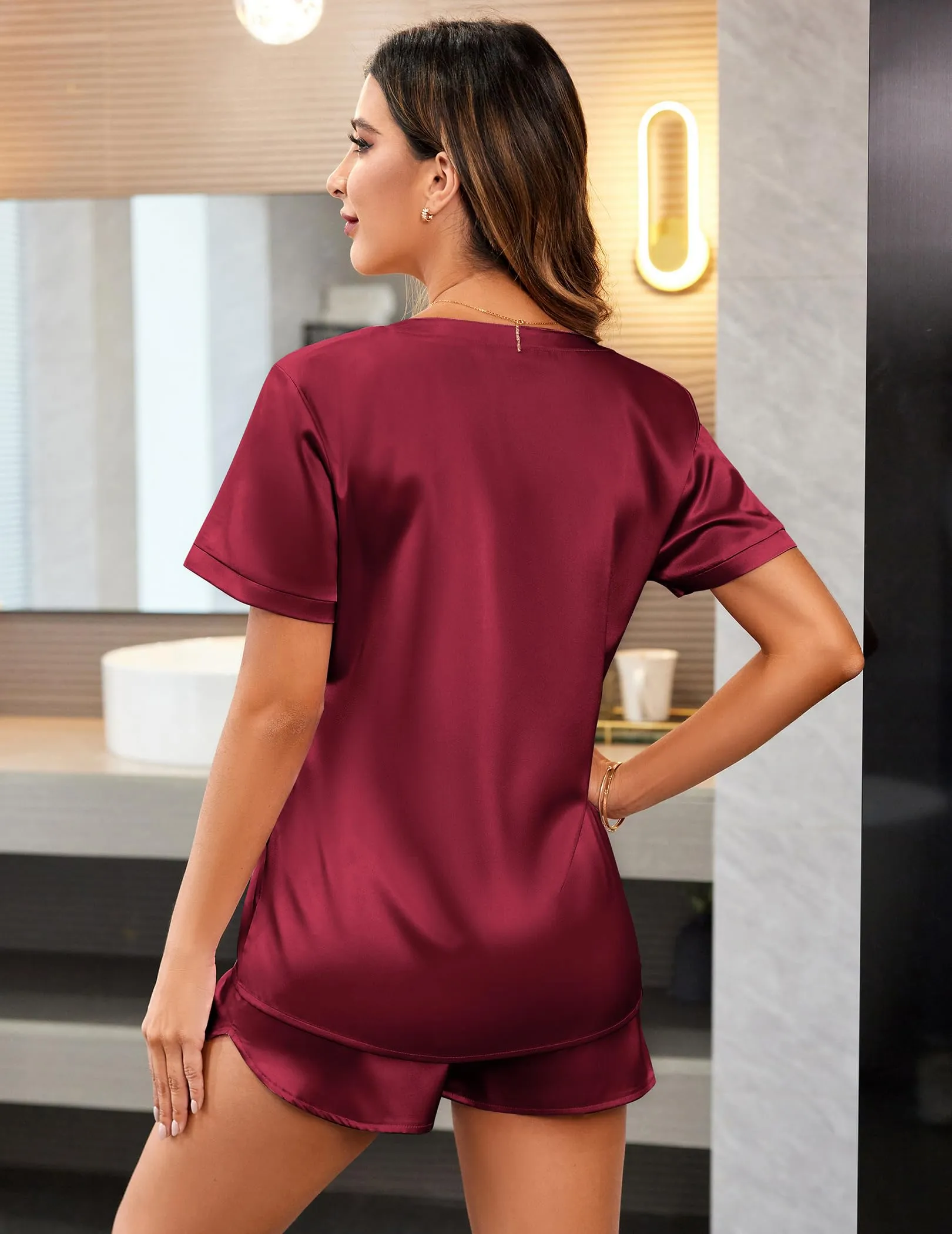 V Neck Silk Two-Piece Pajamas Set Short Women Silk Pajamas Set