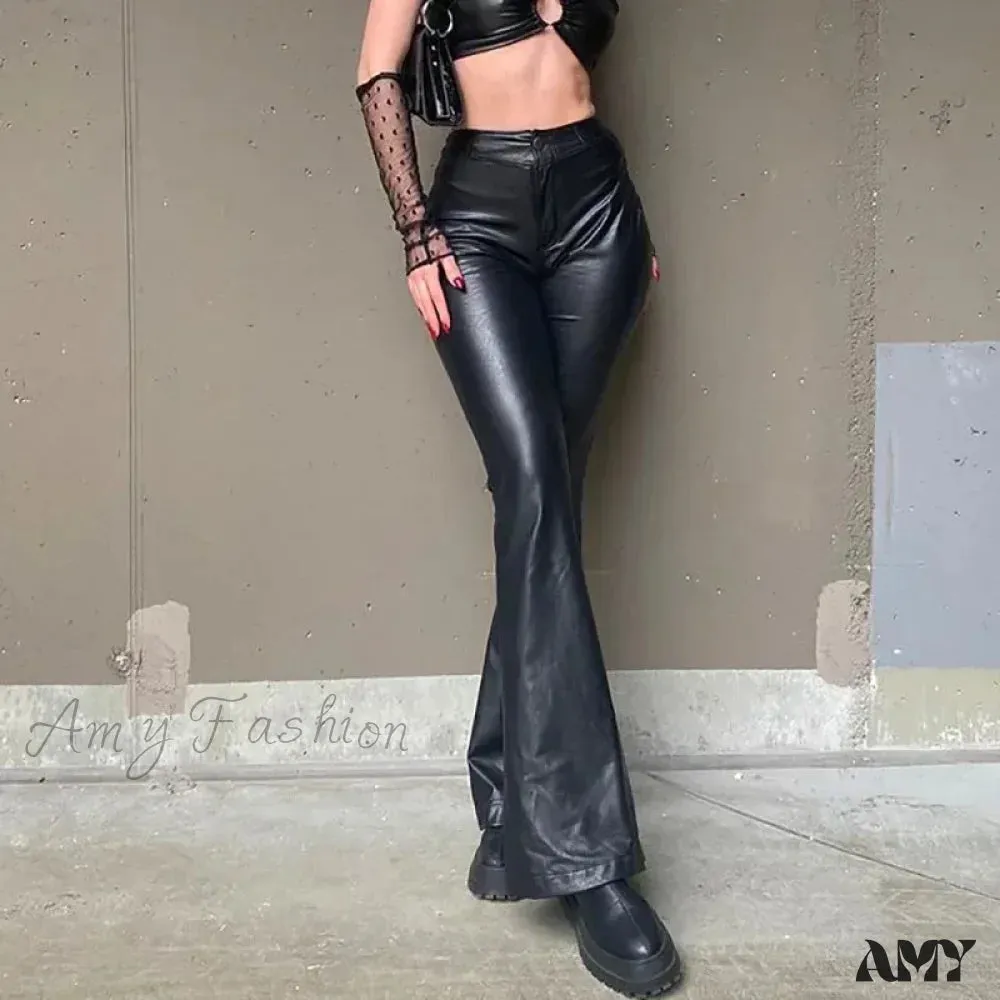 Vintage High Waist Flare Stretch Slim Faux Leather Pants