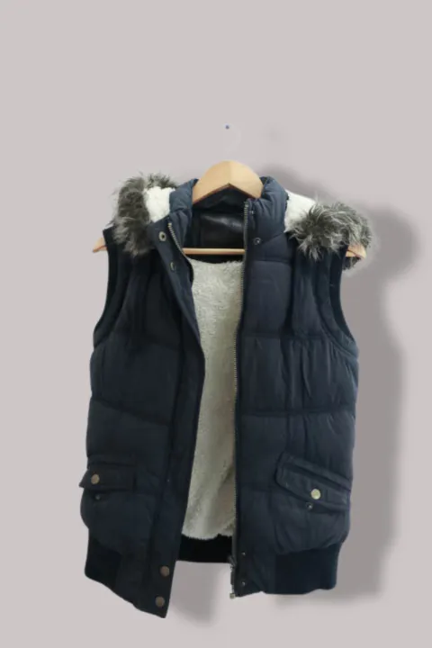 Vintage puffer vest fur sleeveless blue medium jacket